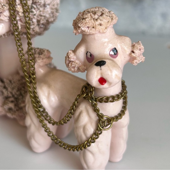 Vintage Pink Poodle Chained Puppy Spaghetti Trim Porcelain Figurines MCM Kitschy - Picture 2 of 15